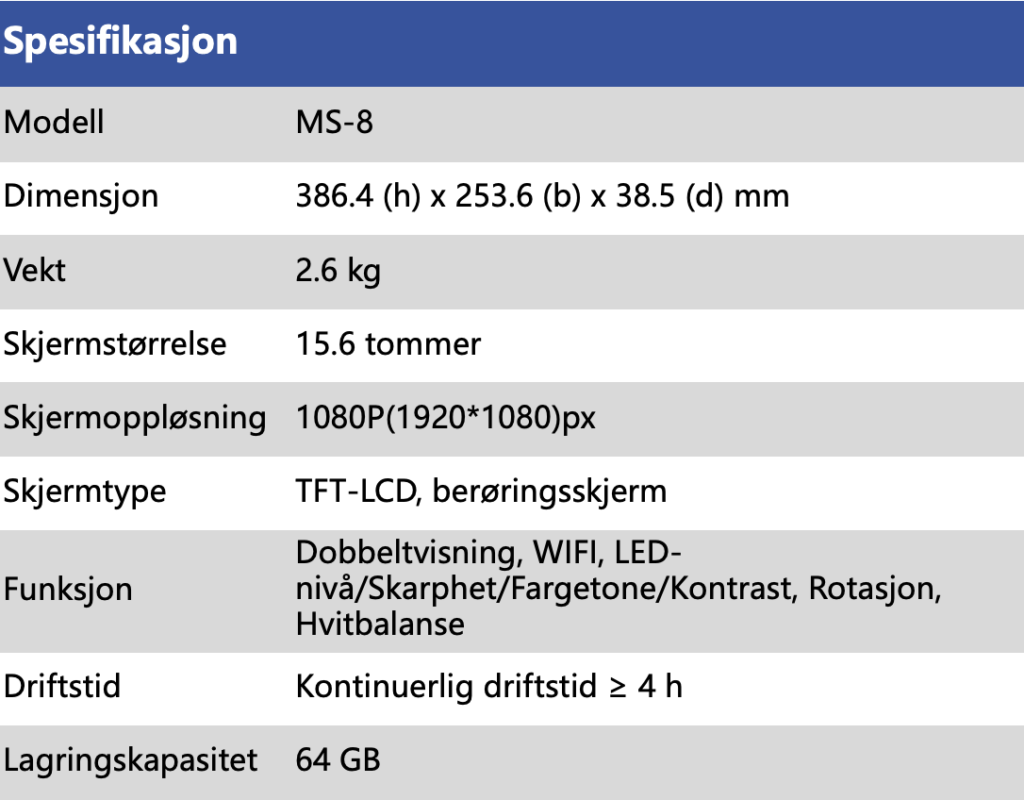 ms-8 spesifikasjoner